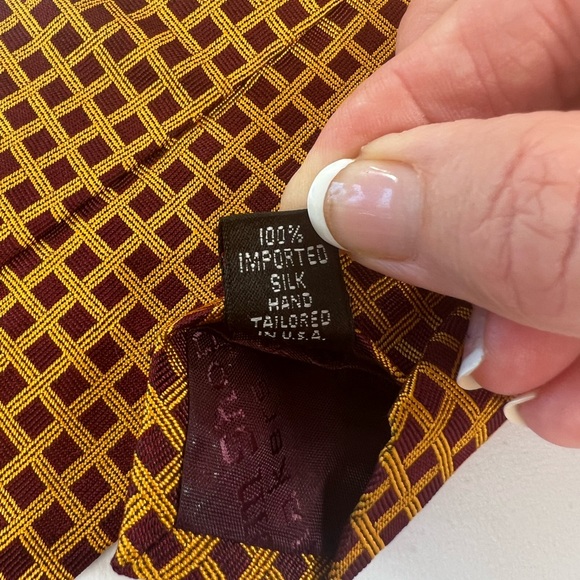The Custom Shop Mens Vintage pure Silk Necktie Yellow Burgundy Micro Check Print - Picture 6 of 8